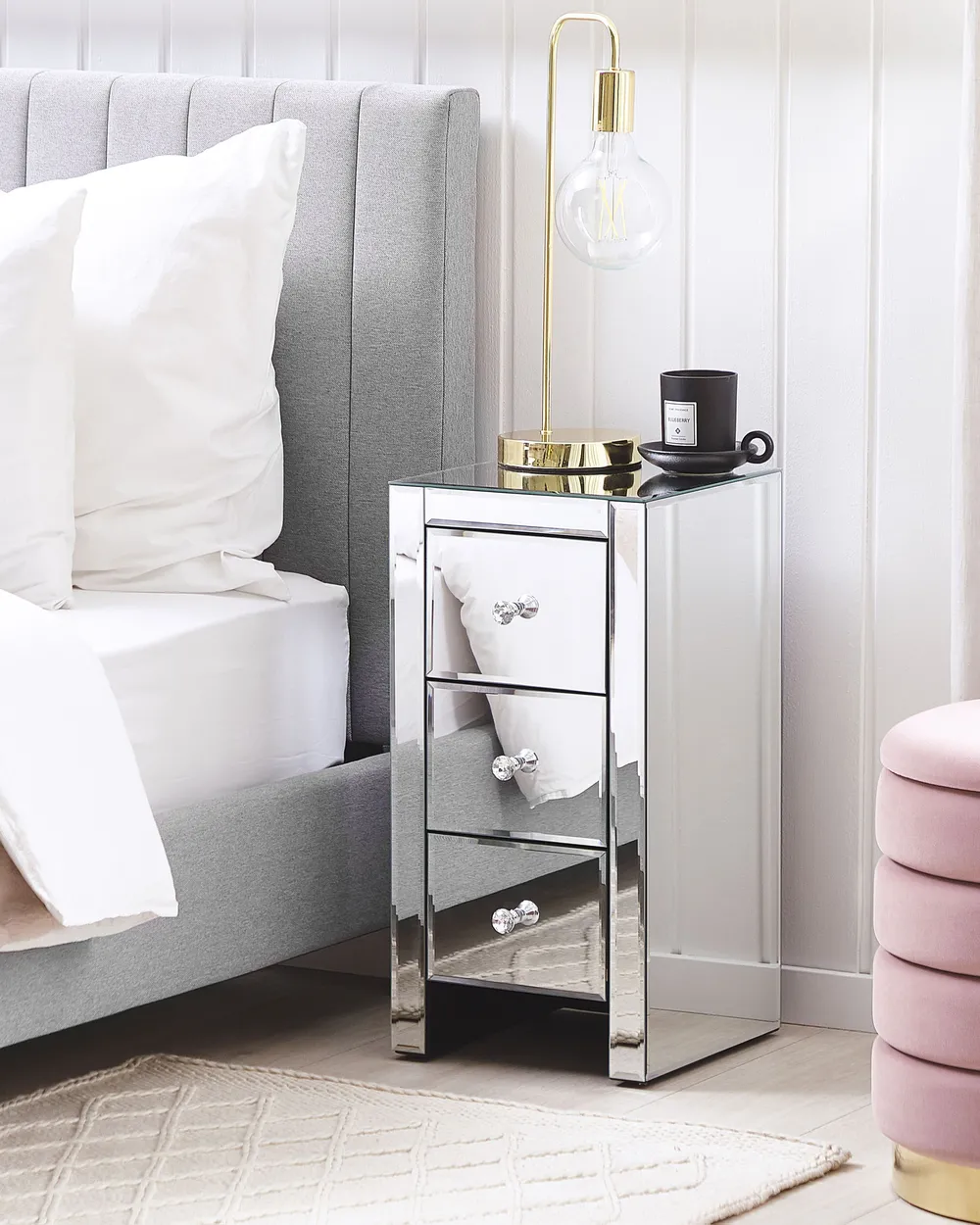 3 Drawer Bedside Table LORRIS Glass Mirrored Silver