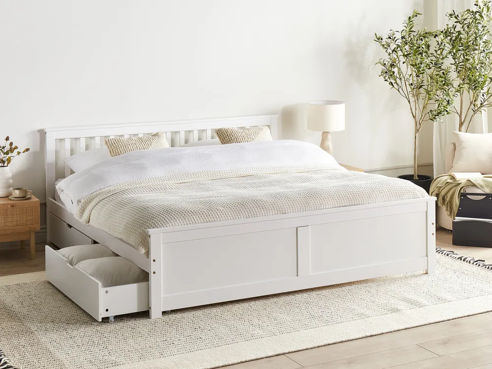Bed with 2 Drawers OLENDON Pine Wood White 180 x 200 cm (EU Super King)