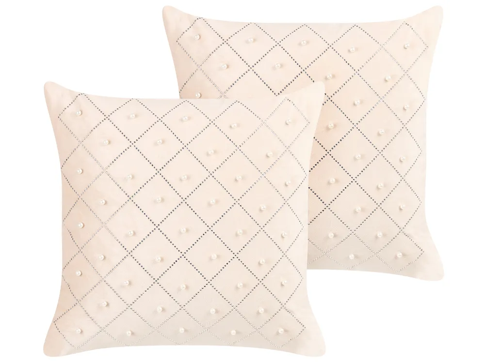Set of 2 Decorative Cushions YARROW 45 x 45 cm Velvet Beige Geometric Pattern