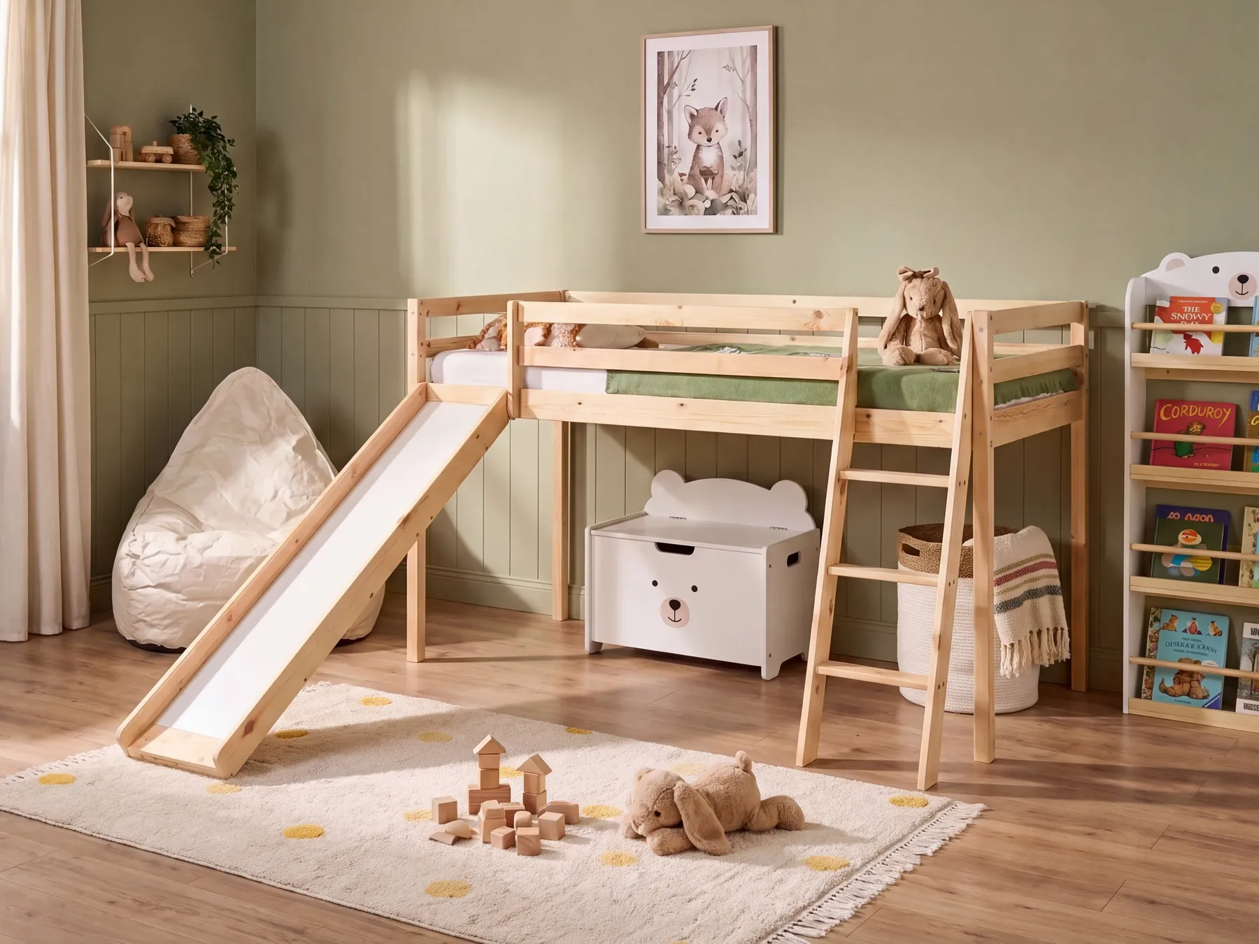 Mid Sleeper Bed Pine Wood STAPLE 90 x 200 cm (EU Single) with Slide Light Brown_987735