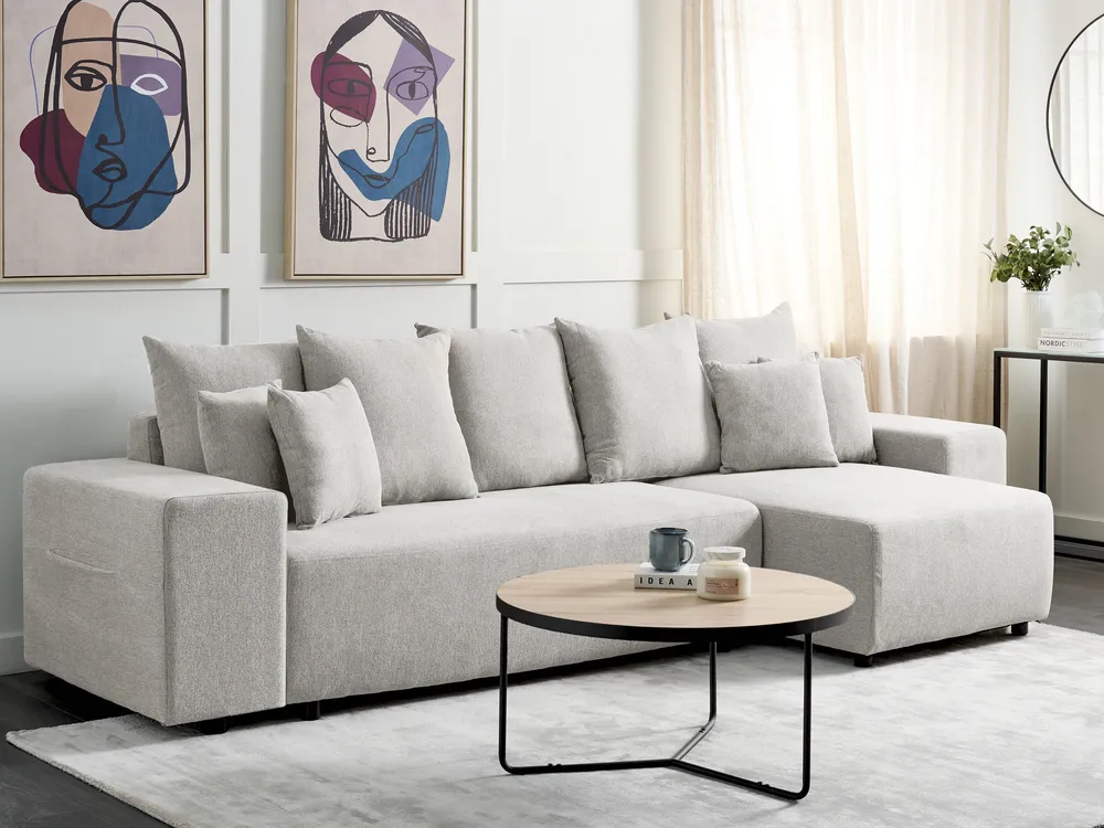 Corner Sofa Bed 3 Seater LUSPA with Storage Fabric Light Grey Left Hand