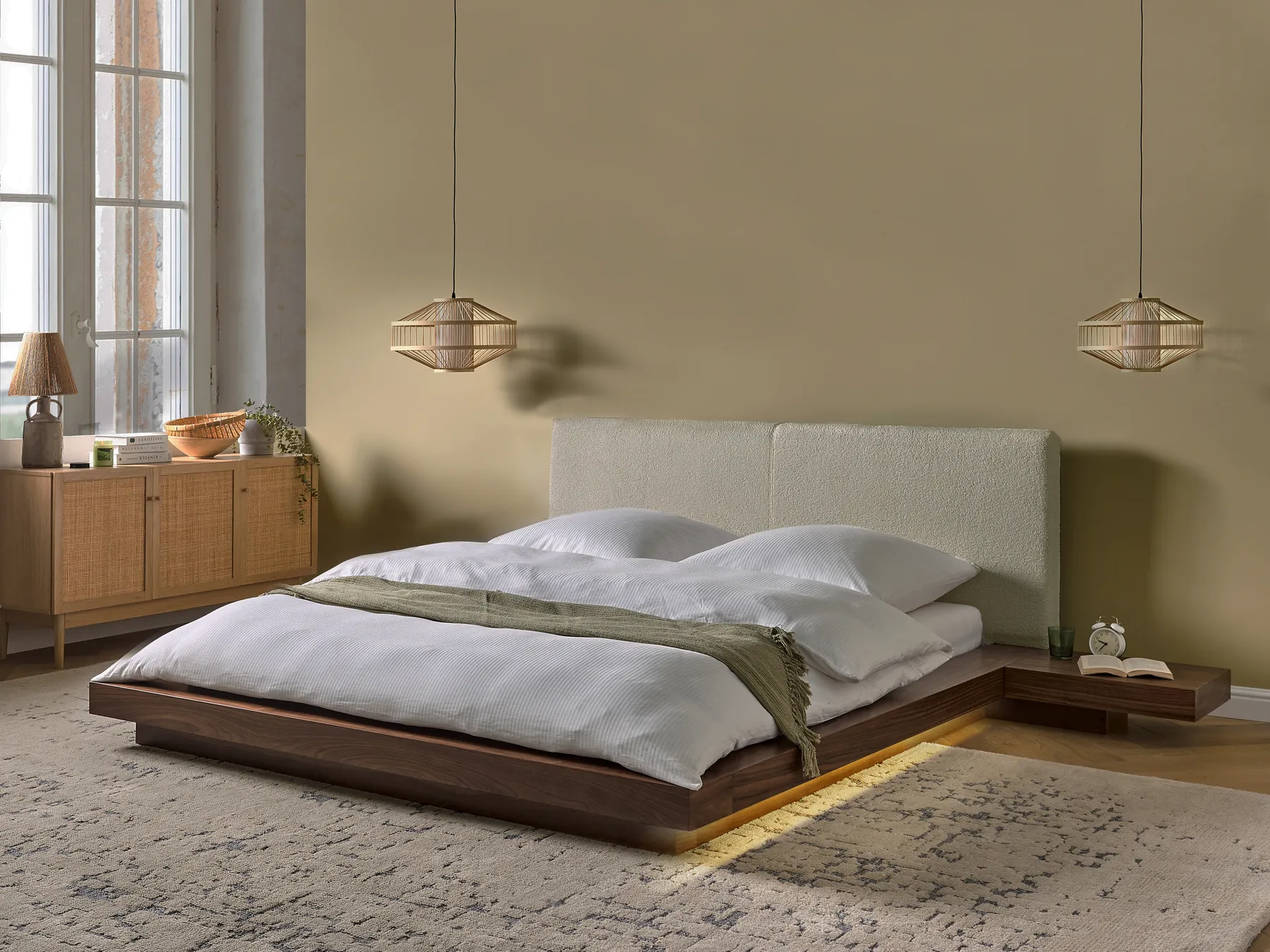 Säng med LED-belysning Bouclé ZEN 160 x 200 cm LED Brun askfanér_931292