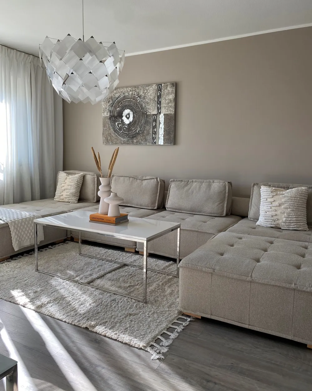 Modular Corner Sofa 4 Seater TIBRO Fabric Light Beige Right Hand_836560