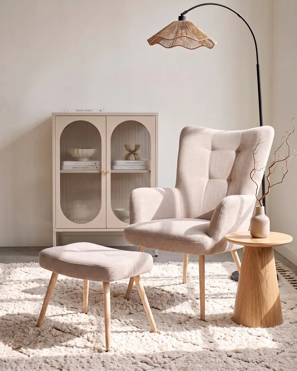 Wingback Chair VEJLE with Footstool Fabric Beige