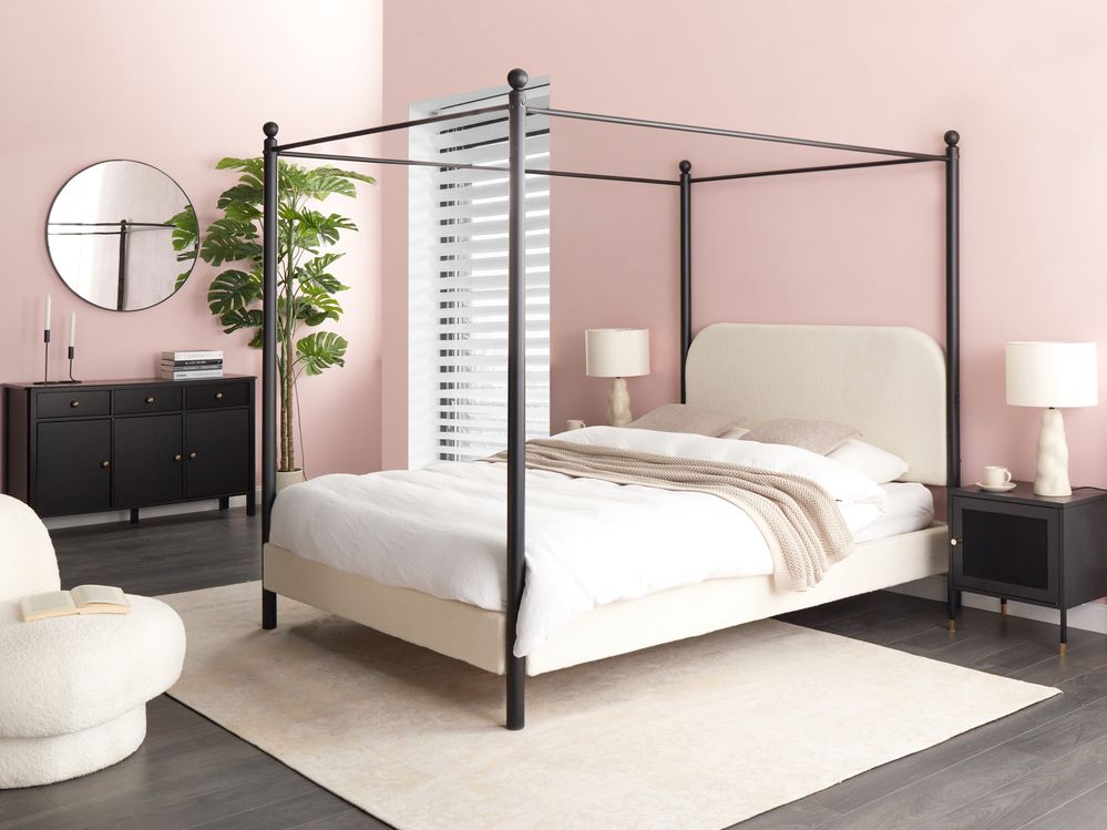 Four Poster Bed Boucle DANNEMOIS 140 x 200 cm (EU Double) Off-White