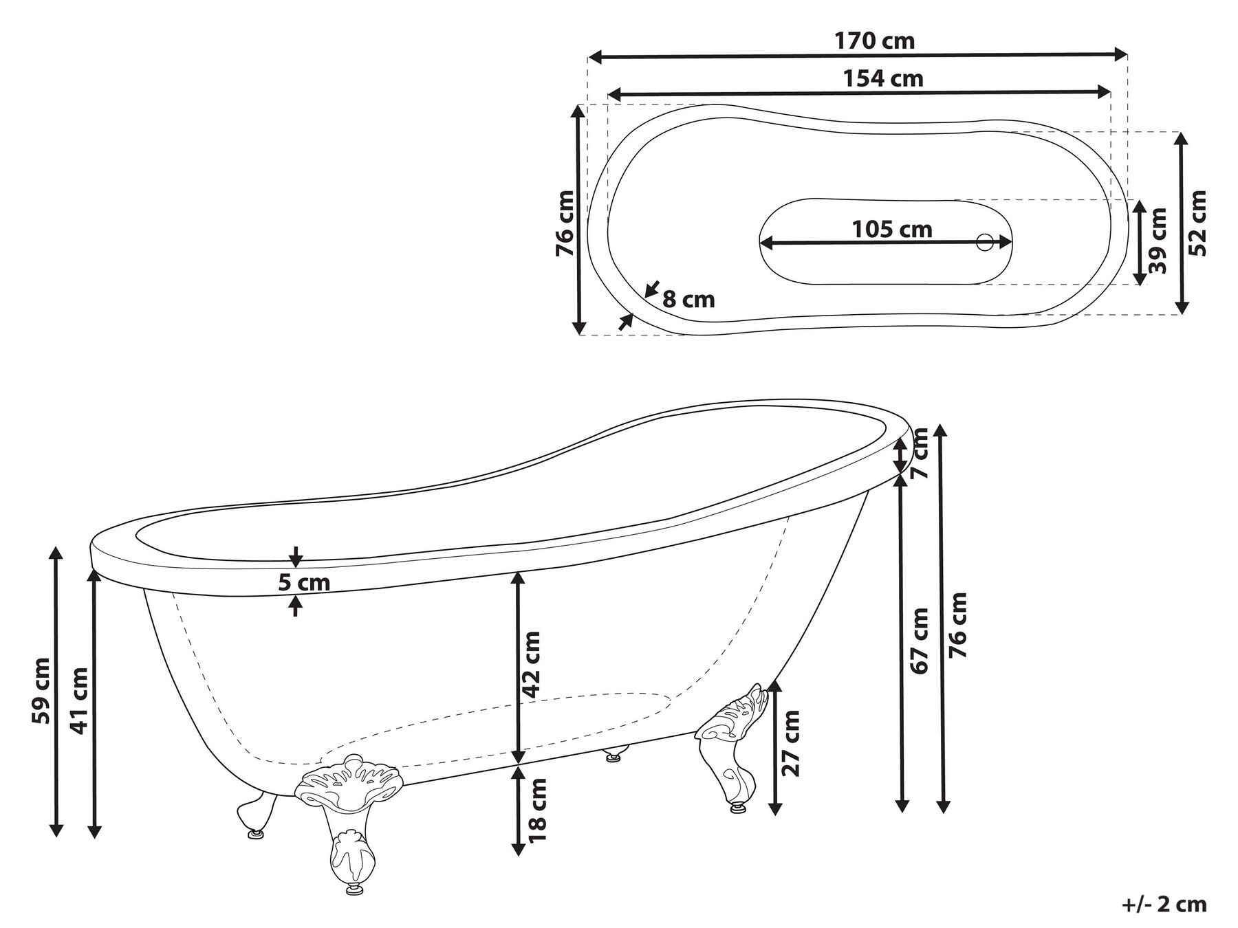 Fristående badkar CAYMAN 1700 x 760 mm Blå_820900