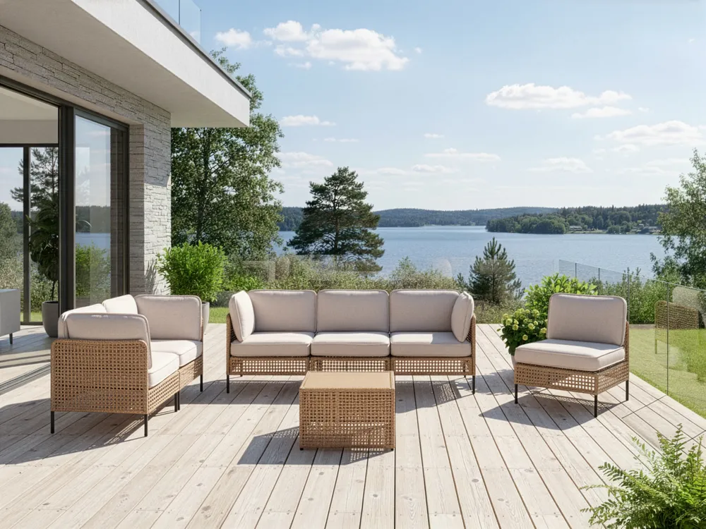 Garden Lounge Set with Table 6 Seater OMEGANA Modular PE Rattan Light Beige