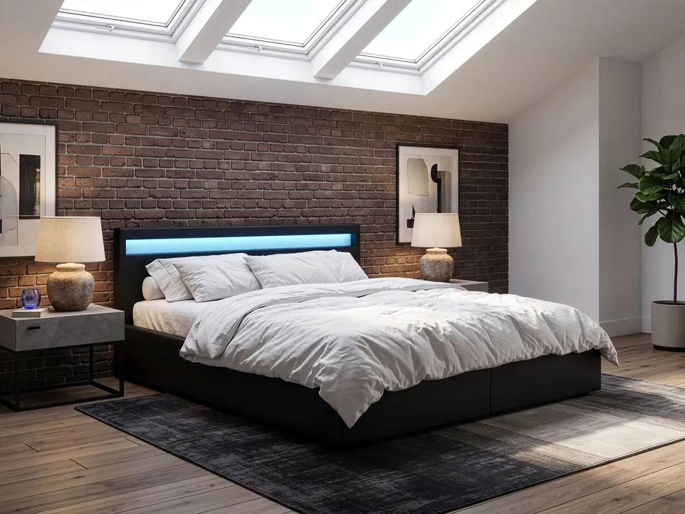 Ottoman Bed with LED ARMELLE Faux Leather Black 180 x 200 cm (EU Super King)_1133077