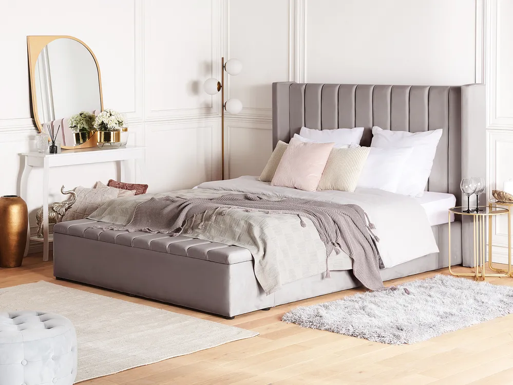 Bed with Storage Bench NOYERS Velvet Grey 140 x 200 cm (EU Double)_926070