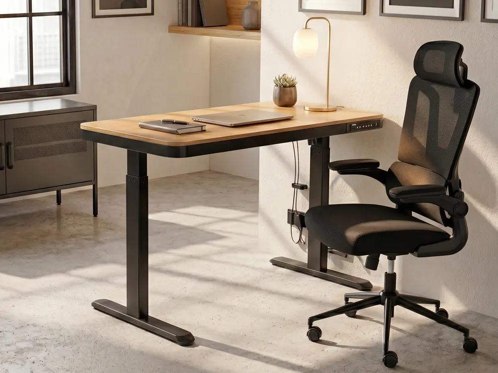 Electric Adjustable Standing Desk PENLY 120 cm 60 cm with USB Port Black/ Light Brown