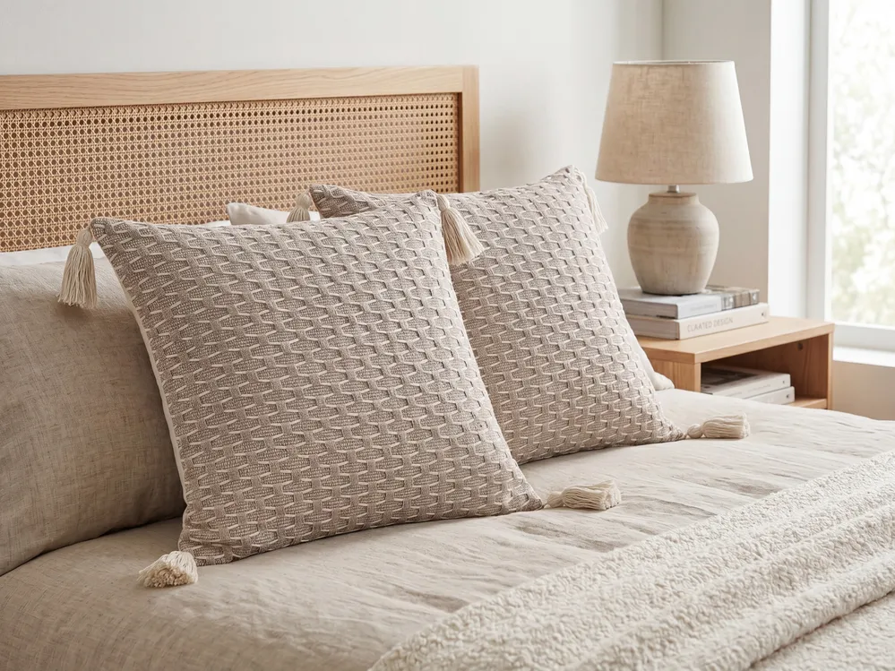 Set of 2 Decorative Cushions HAKONE 42 x 42 cm Taupe Geometric Pattern