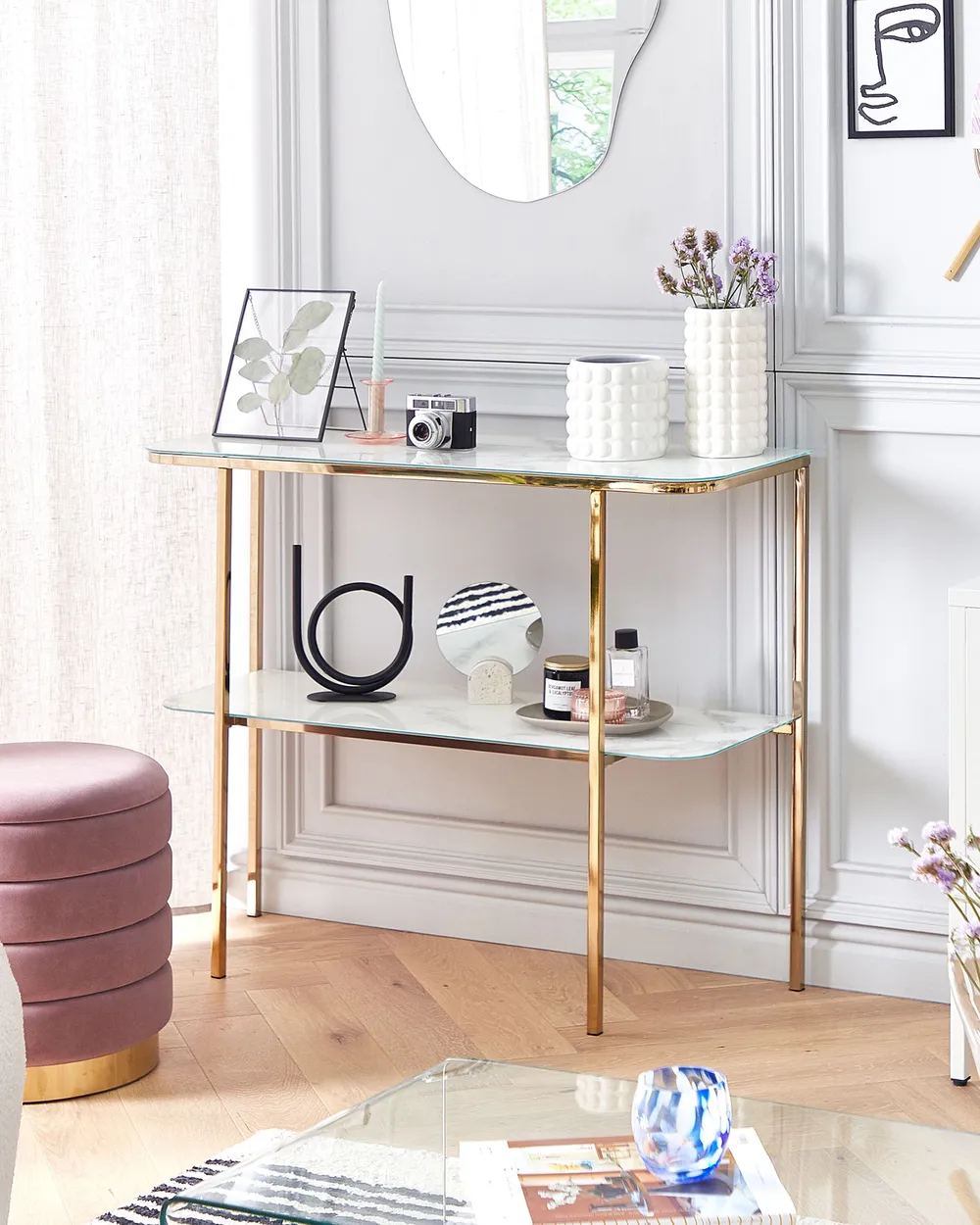 Console Table CALVERT Tempered Glass Marble/ Gold