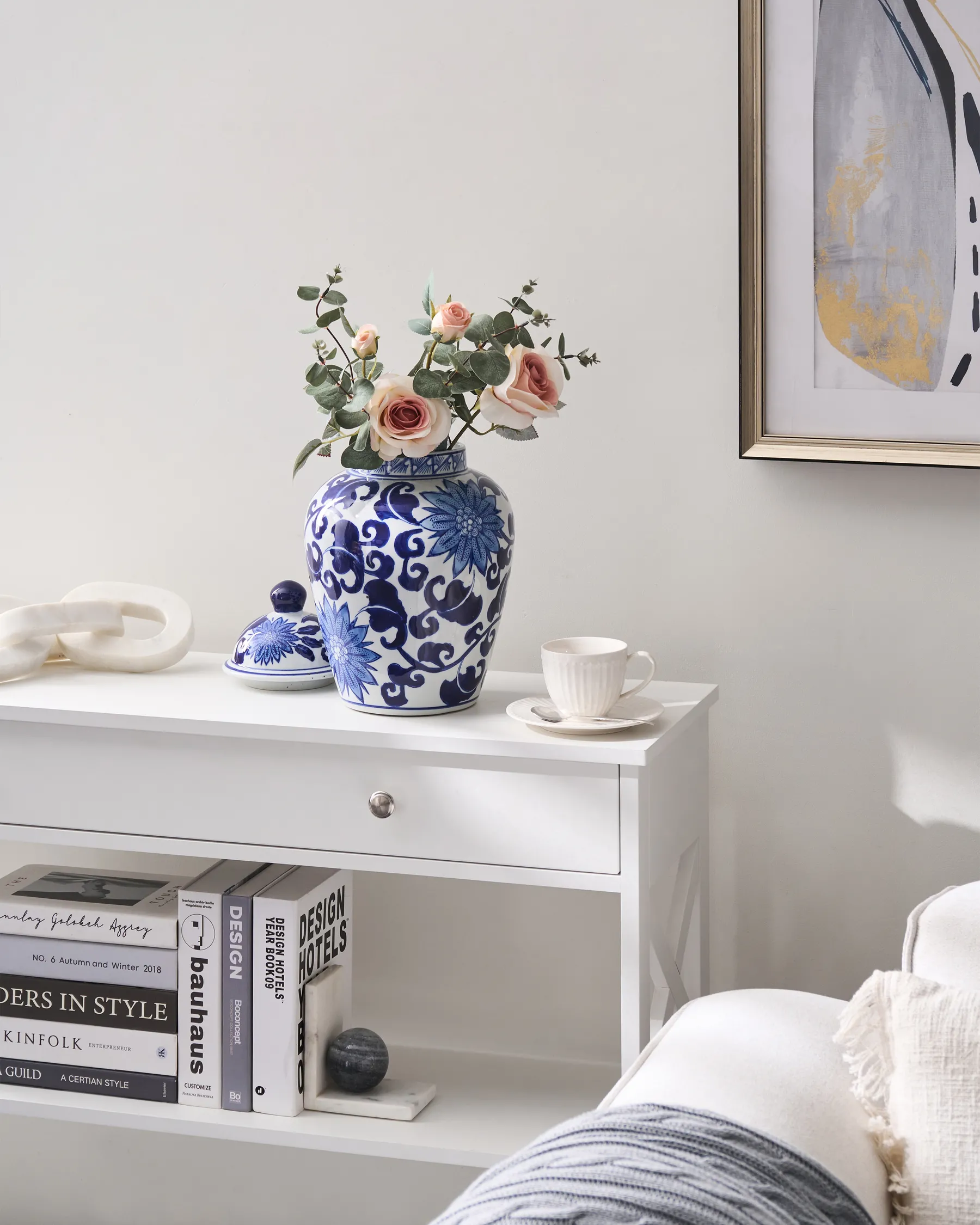 Lidded Vase CUENCA 36 cm Porcelain White/ Blue_1052815
