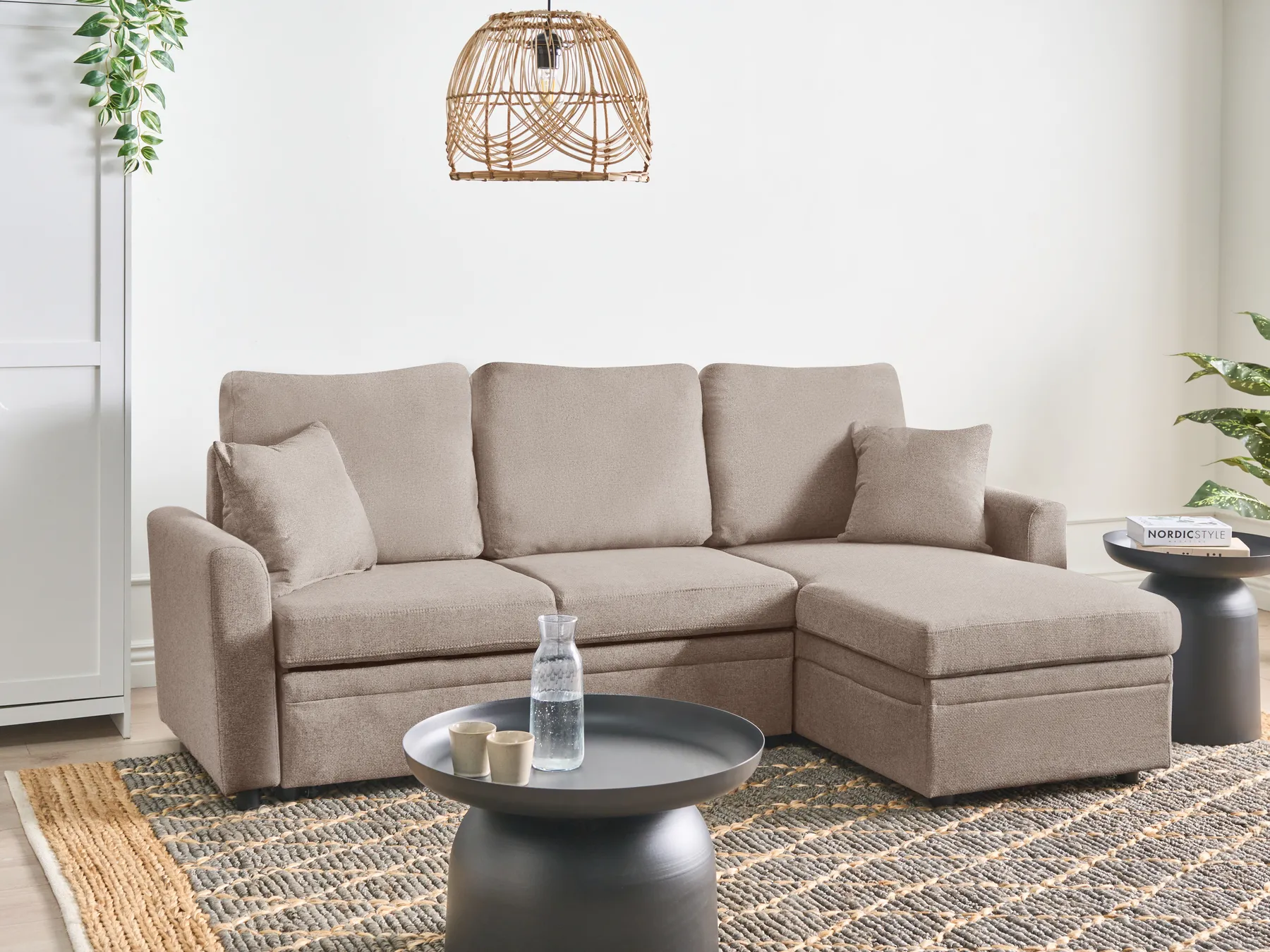 Corner Sofa Bed 3 Seater NASSJO with Storage Faux Linen Light Brown Left Hand_999826