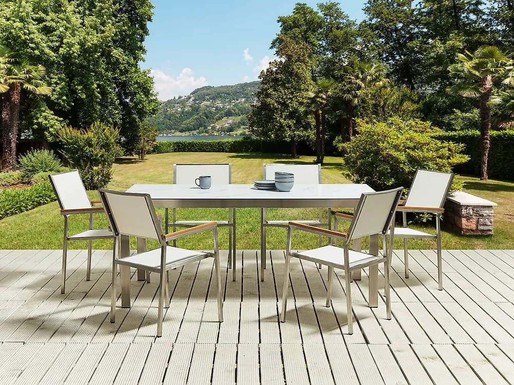 Garden Dining Set 6 Seater COSOLETO/GROSSETO Tempered Glass Marble Effect White Marble_1183729