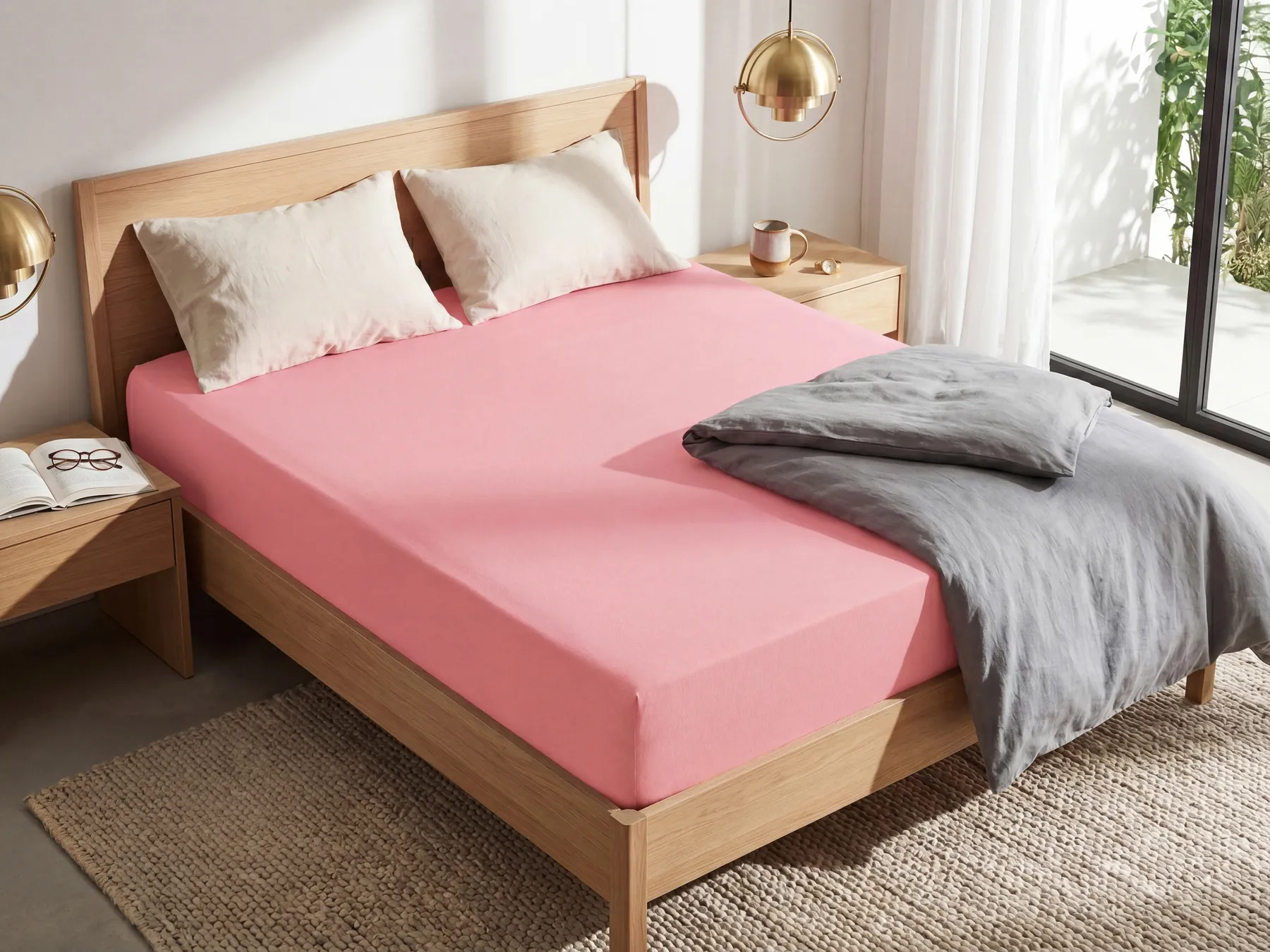 Fitted Sheet JANBU 140 x 200 cm Cotton Coral_845426