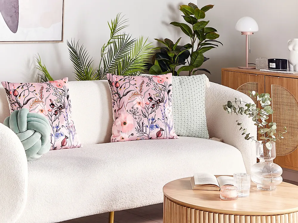 Set of 2 Decorative Cushions ANEMONES 45 x 45 cm Velvet Pastel Pink Floral Pattern_1184676