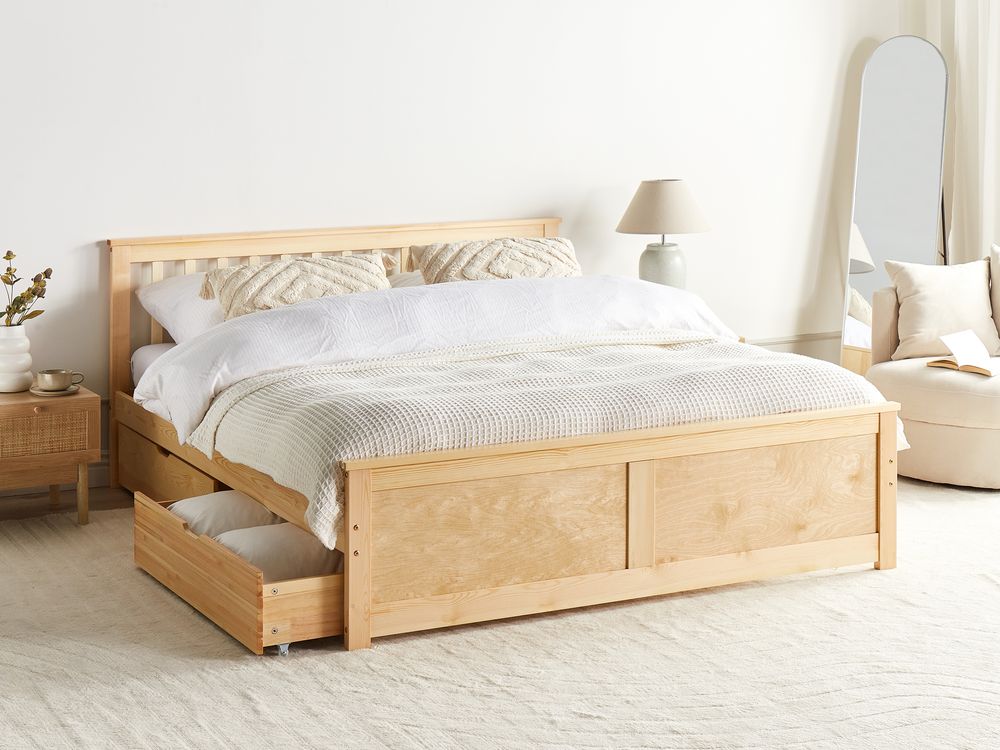 Bed with 4 Drawers OLENDON Pine Wood Light Brown 180 x 200 cm (EU Super King)