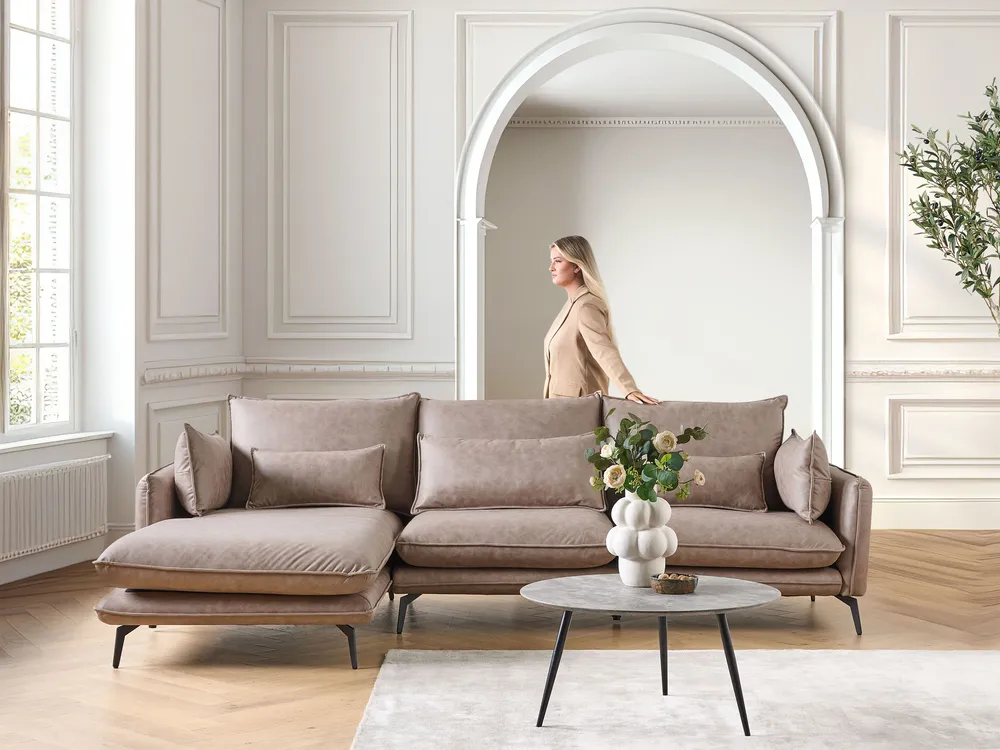 Corner Sofa 3 Seater GALLO Faux Suede Light Brown Right Hand