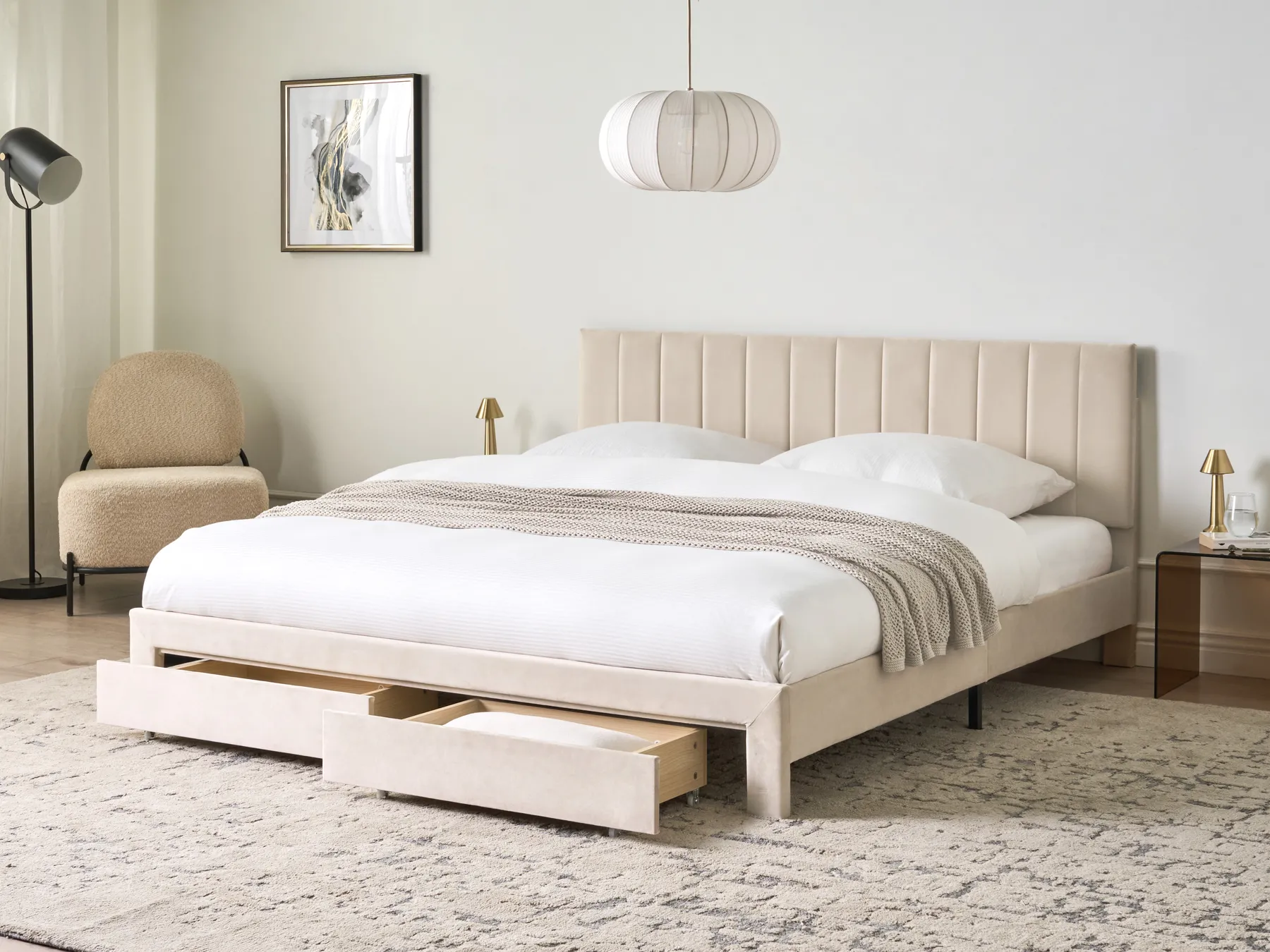 Säng med förvaringslådor LONZAC Sammet Beige 180 x 200 cm_1014713