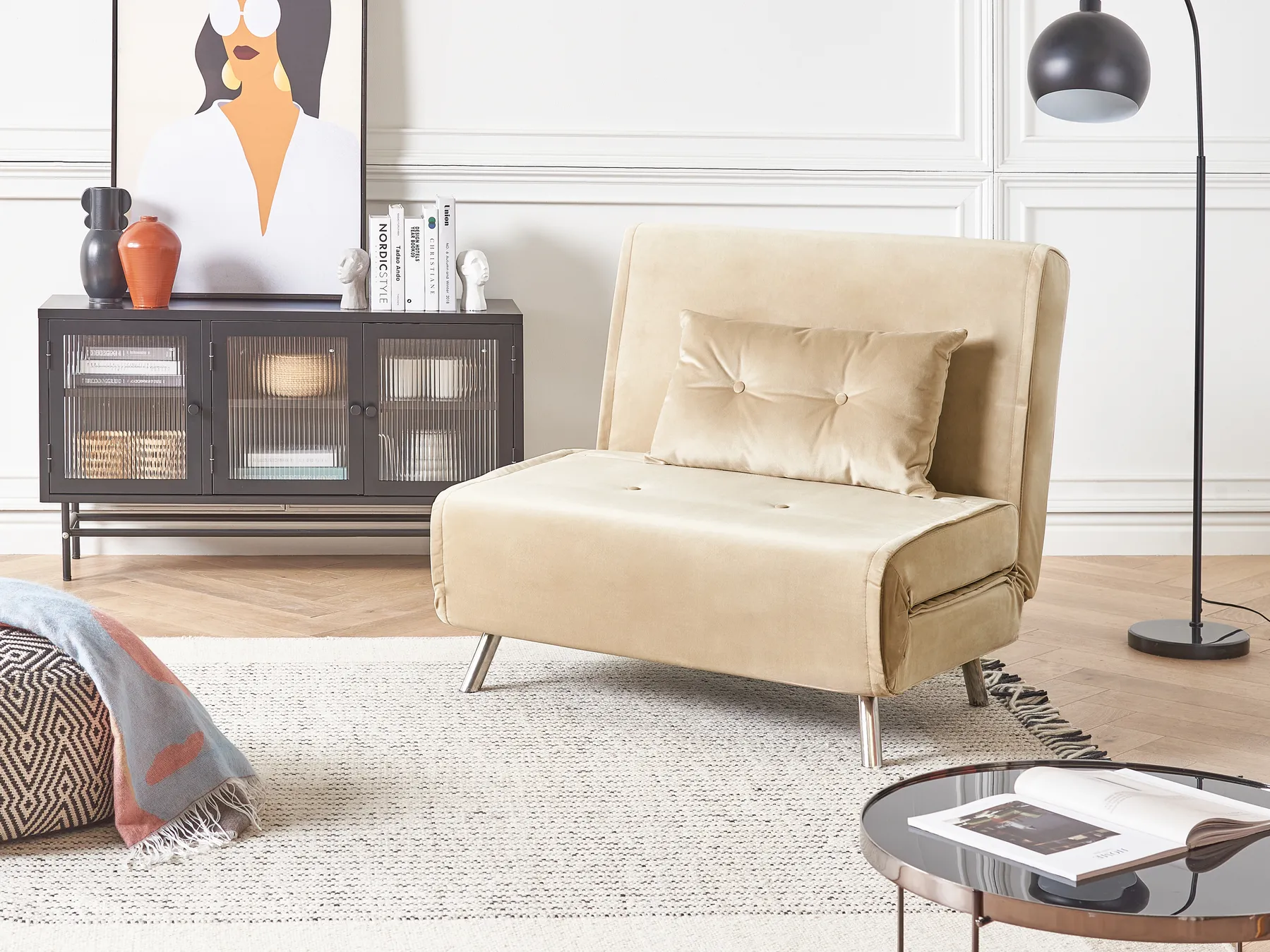 Single Sofa Bed FARRIS Velvet Beige_875457