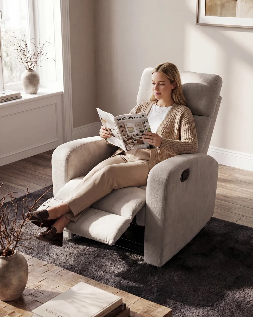 Reclinerfåtölj VERDAL Inklusive fotstöd Sammet Beige_1081138