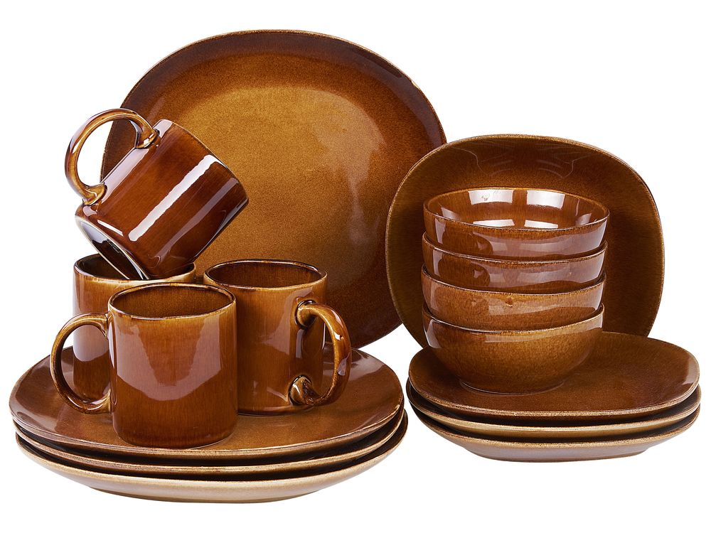 Set of 16 Dinnerware TURMERIC Stoneware Golden Brown