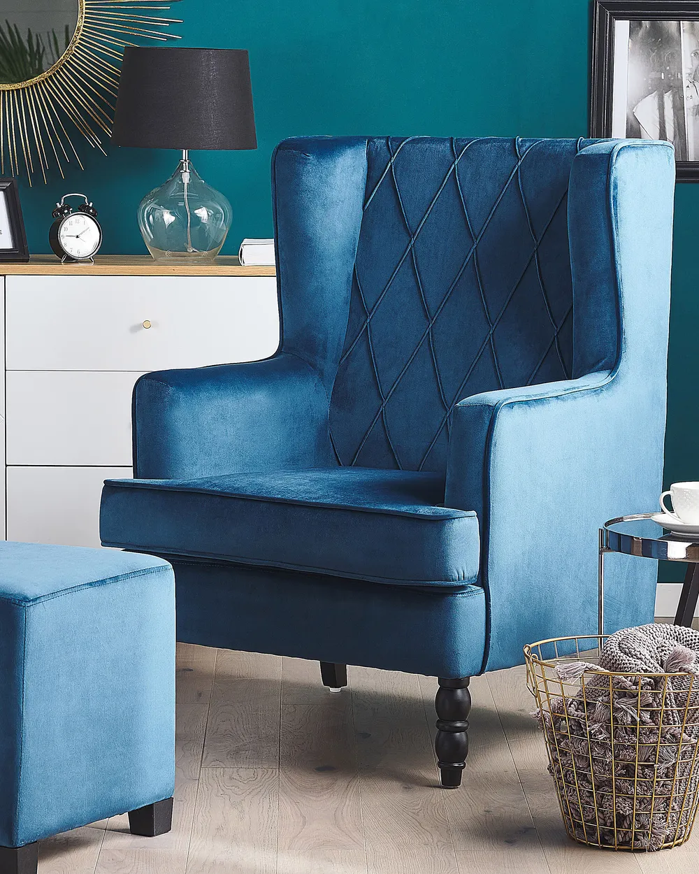 Armchair SANDSET with Footstool Velvet Dark Blue