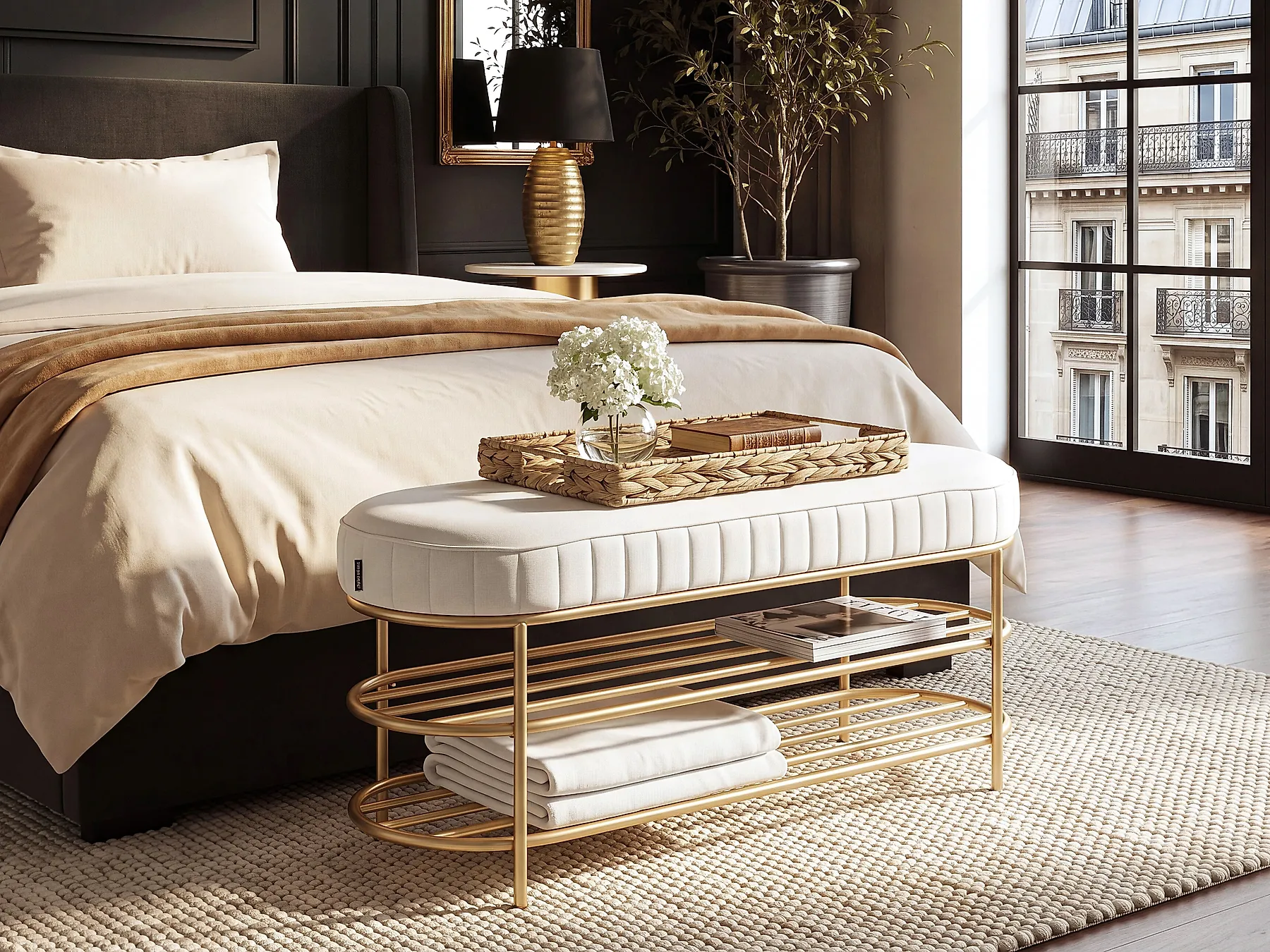 2 Tier Shoe Bench VERGENNES Velvet Beige_1186271