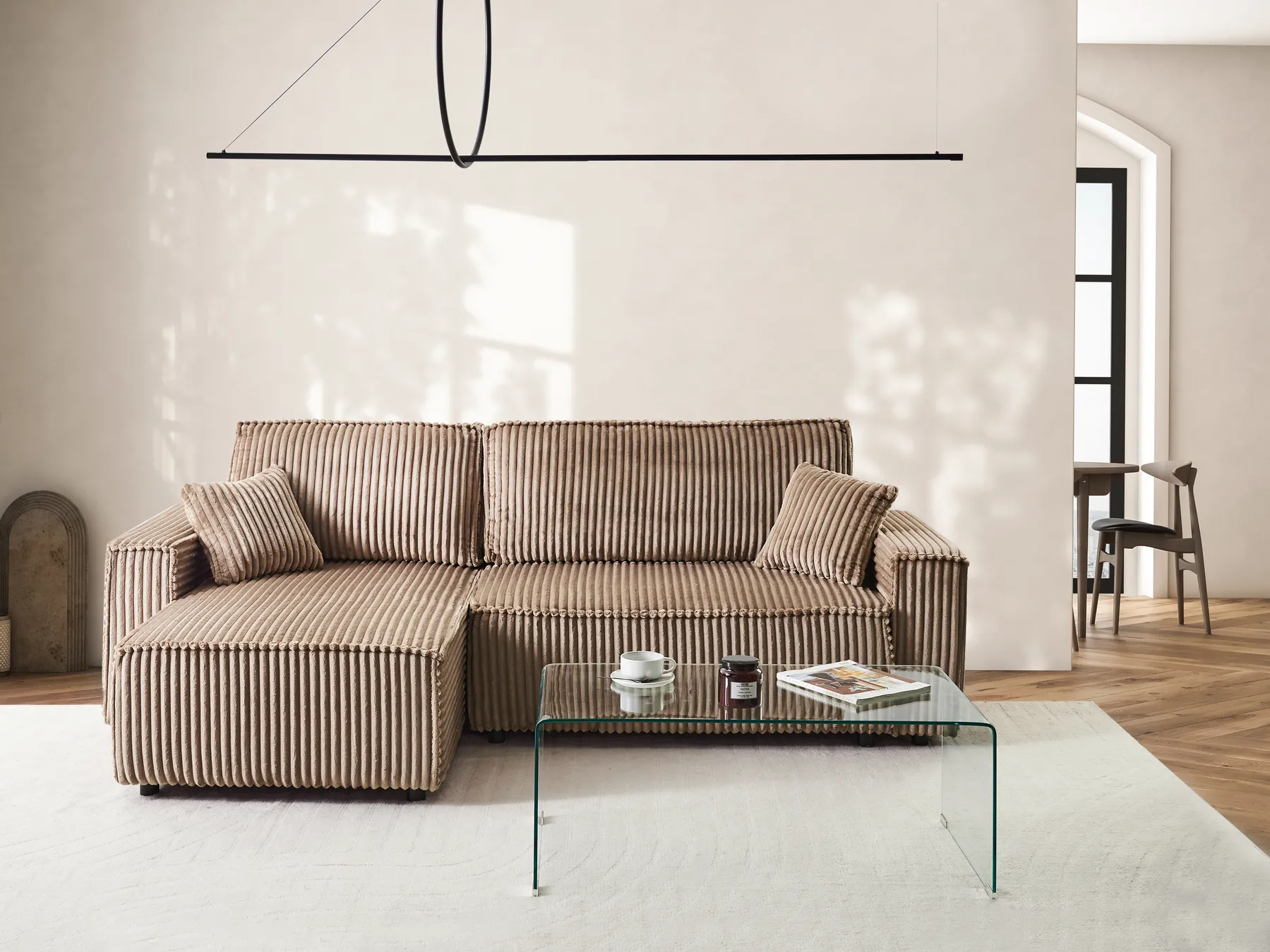Corner Sofa Bed 3 Seater ABACKA with Storage Corduroy Light Brown Right Hand_960001