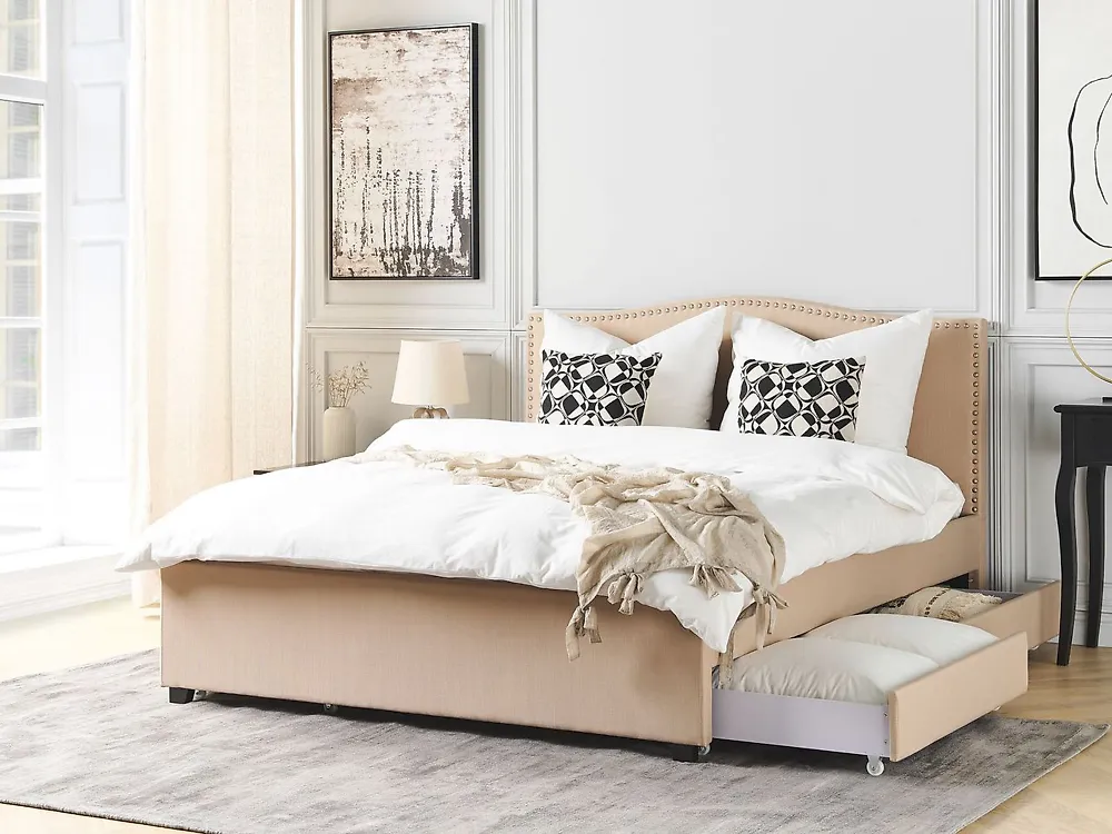 Sänky laatikoilla MONTPELLIER Kangas Beige 160 x 200 cm_1176366