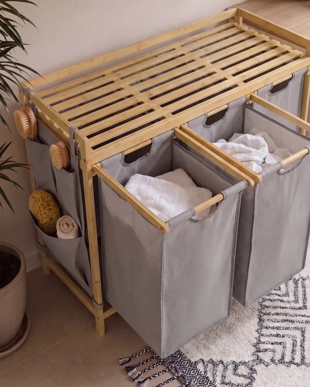Set of 3 Laundry Baskets with Shelf TOROTAL Bamboo Light Brown/ Grey 120 L_1136202