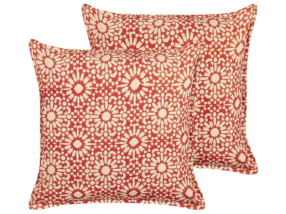 Set of 2 Decorative Cushions CEIBA 45 x 45 cm Cotton Red Geometric Pattern