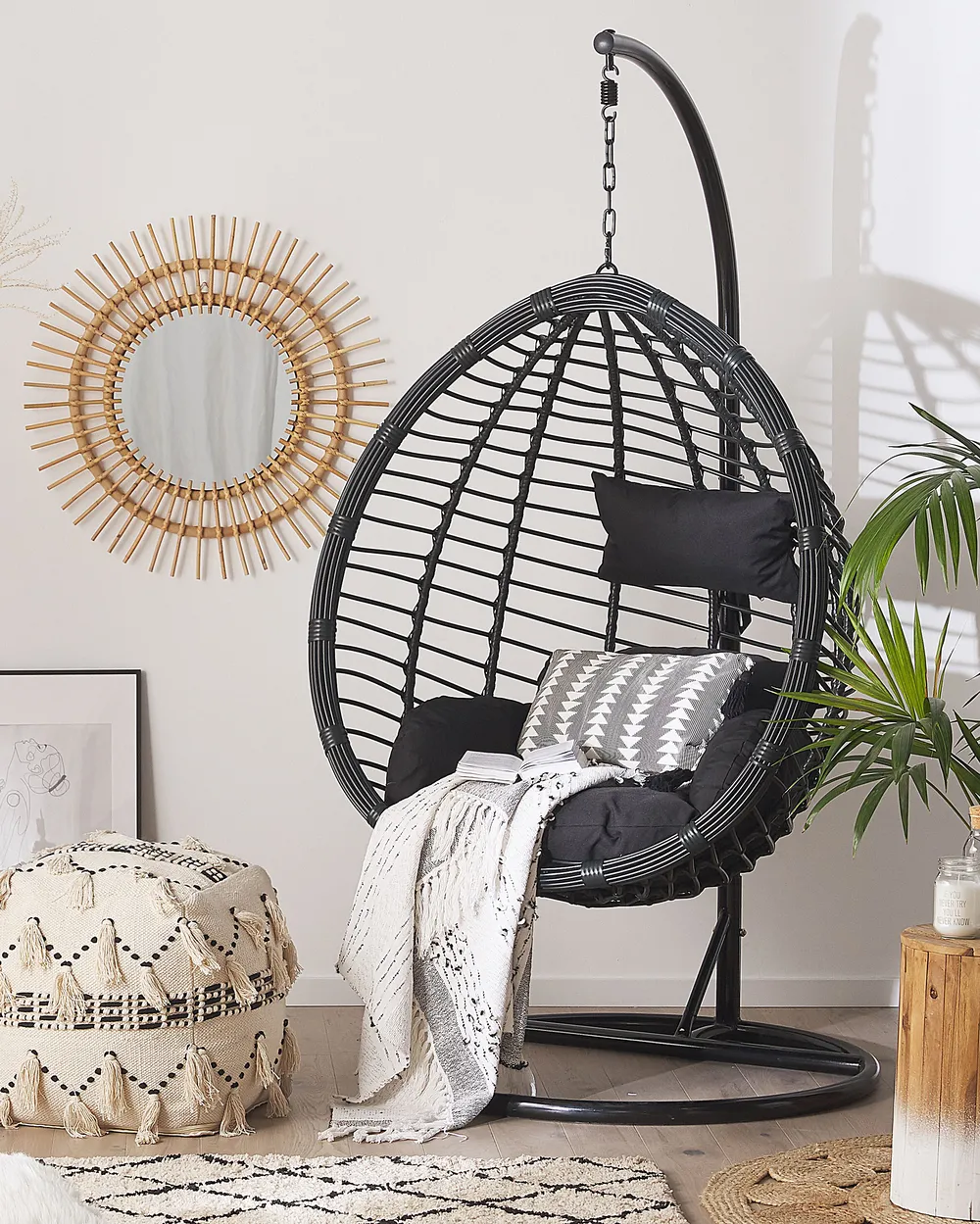 Hanging Chair with Stand TOLLO PE Rattan Black