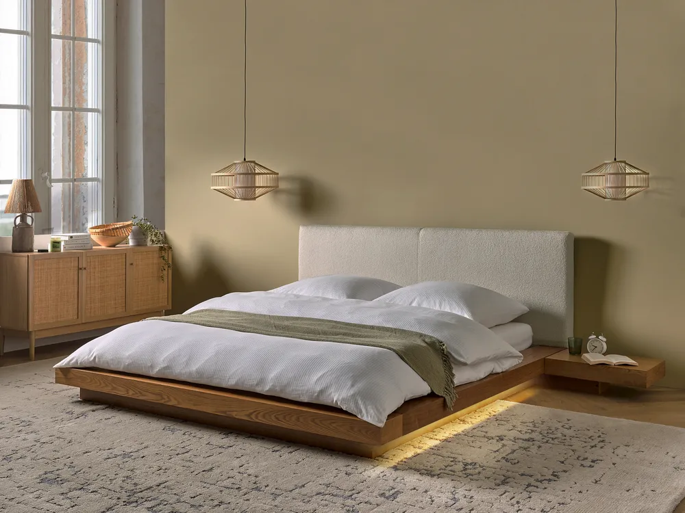 Bed with LED Boucle ZEN 160 x 200 cm (EU King Size) LED Natural Ash Wood