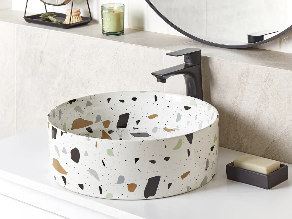 Countertop Basin NULES ⌀ 400 mm Ceramic Terrazzo Effect White Terrazzo