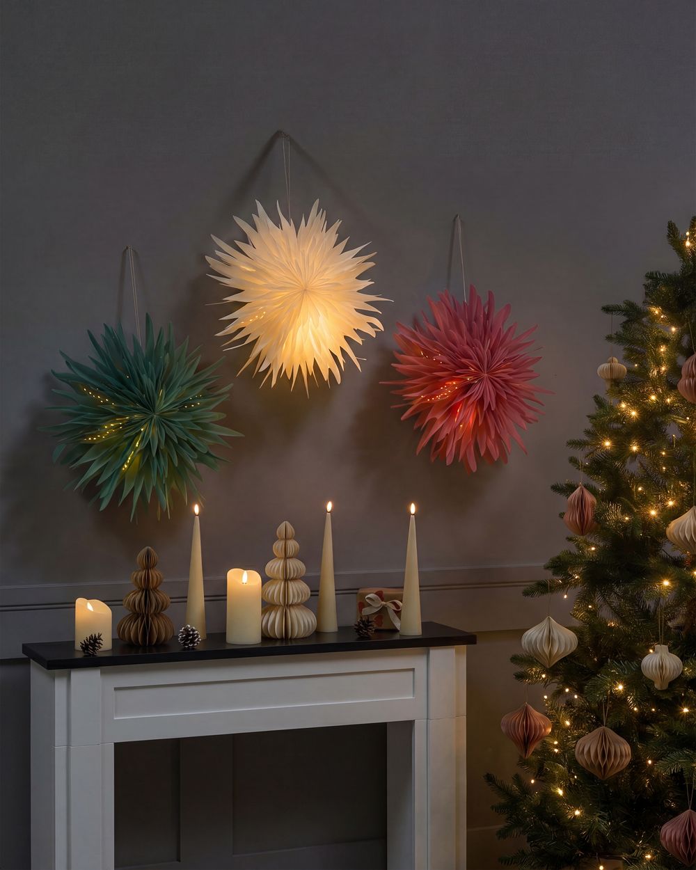 Set of 3 Hanging Decorations LED GROVLAN 41 cm Star Multicolour