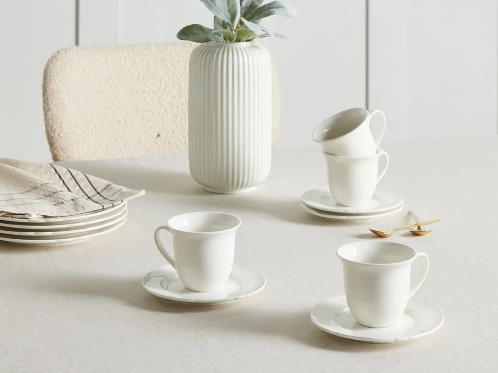 Set of 8 Cups with Saucers ELDERBERRY Porcelain White