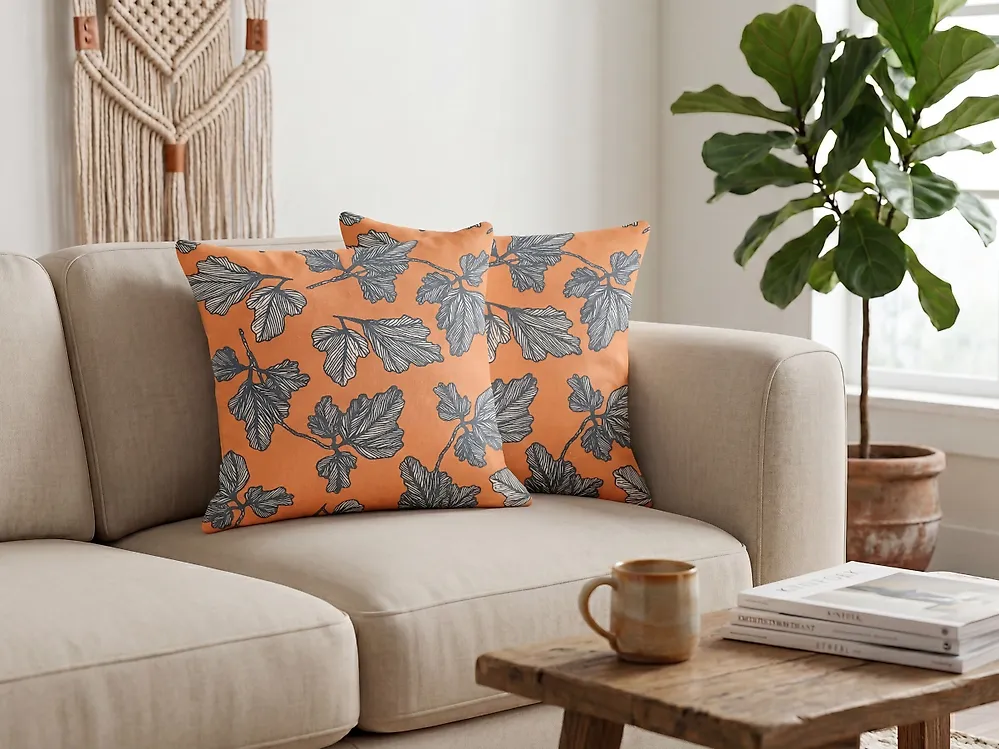Set med 2 prydnadskuddar SPIREA 45 x 45 cm Orange Svart Växtmotiv_1182477