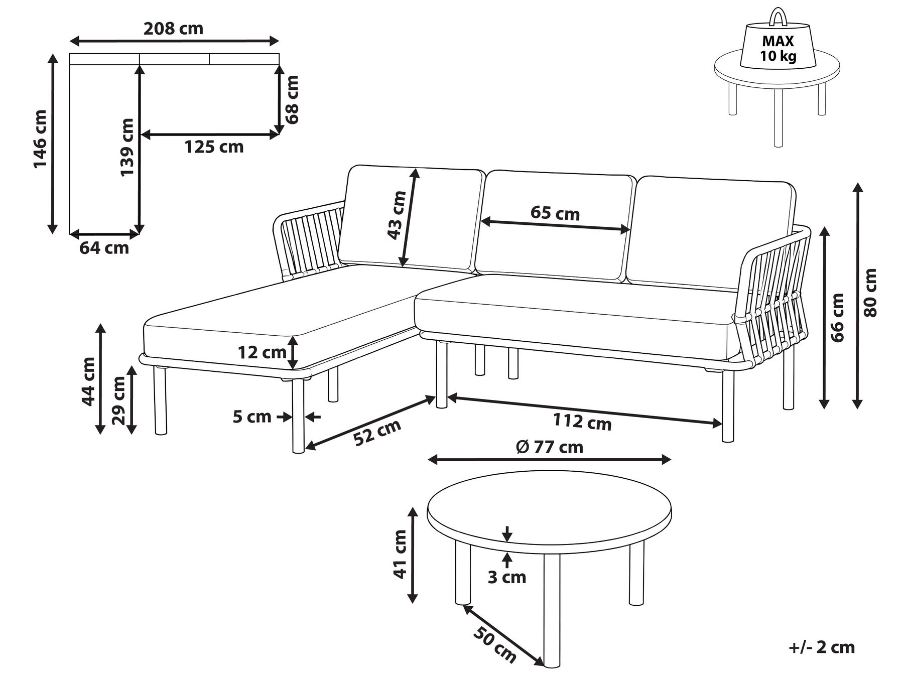 Garden Corner Sofa with Table 3 Seater ORTE Metal Beige Right Hand_1125266