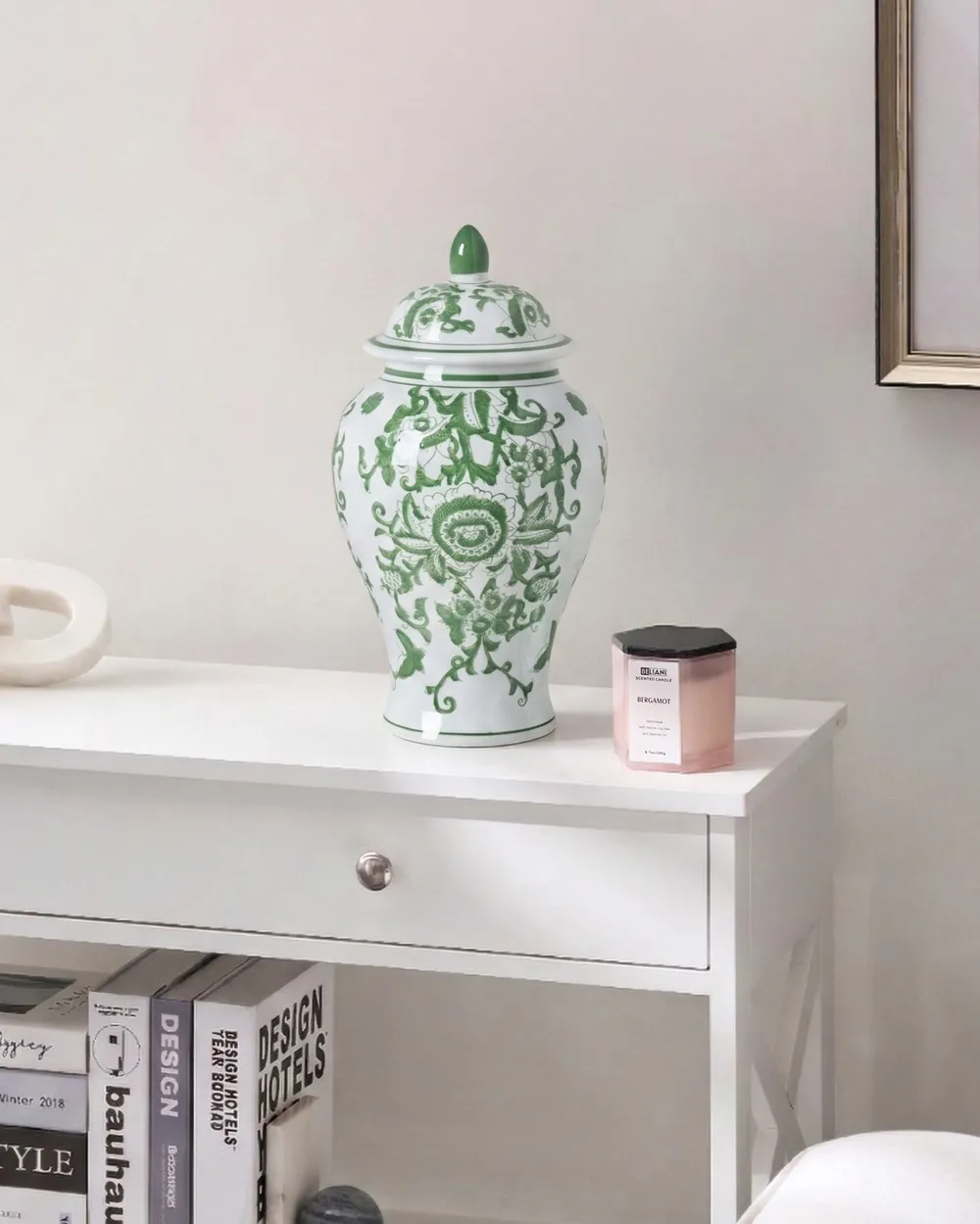 Lidded Vase MONDRAGON 37 cm Porcelain White/ Green