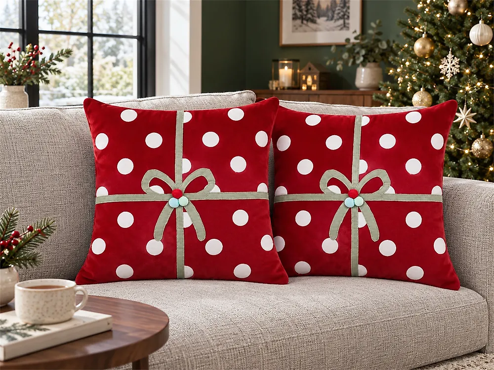 Set of 2 Decorative Cushions GUMDROP 45 x 45 cm Velvet Red Christmas Motif_1184009