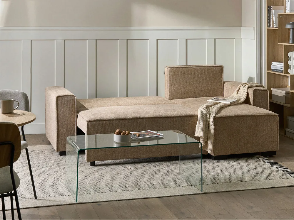Corner Sofa Bed 3 Seater EDANE with Storage Fabric Beige Left Hand_1057108