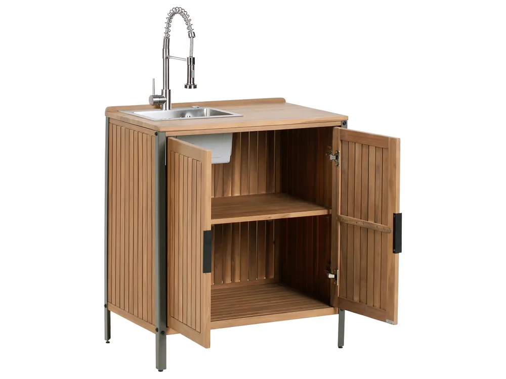 3 Piece Outdoor Kitchen Set with Sink IVREA Brown/ Silver Certified Acacia Wood_988377