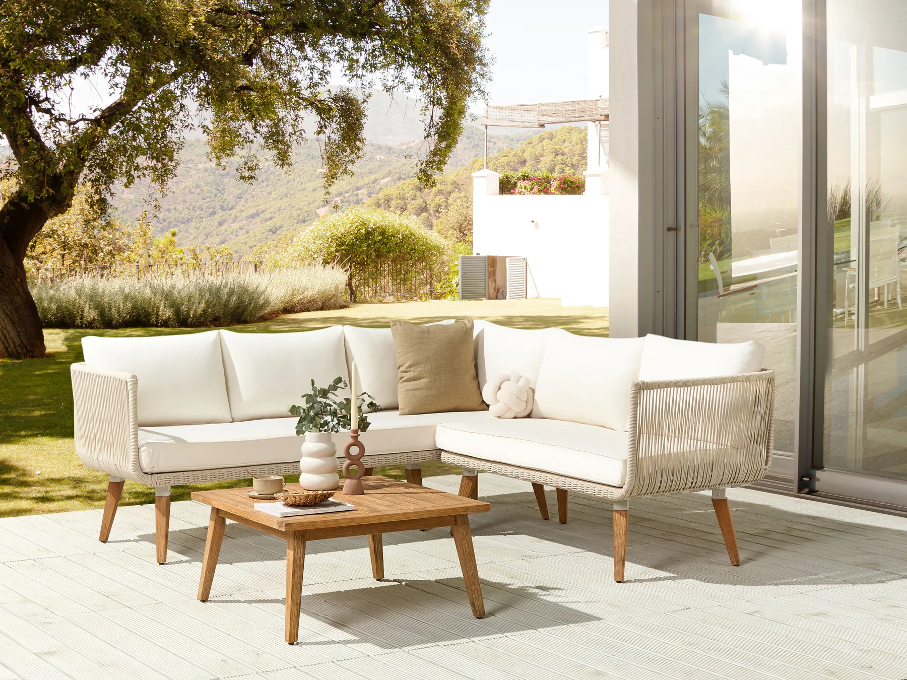Garden Corner Sofa with Table 5 Seater ALCAMO Acacia Wood Light Beige Left Hand_862446