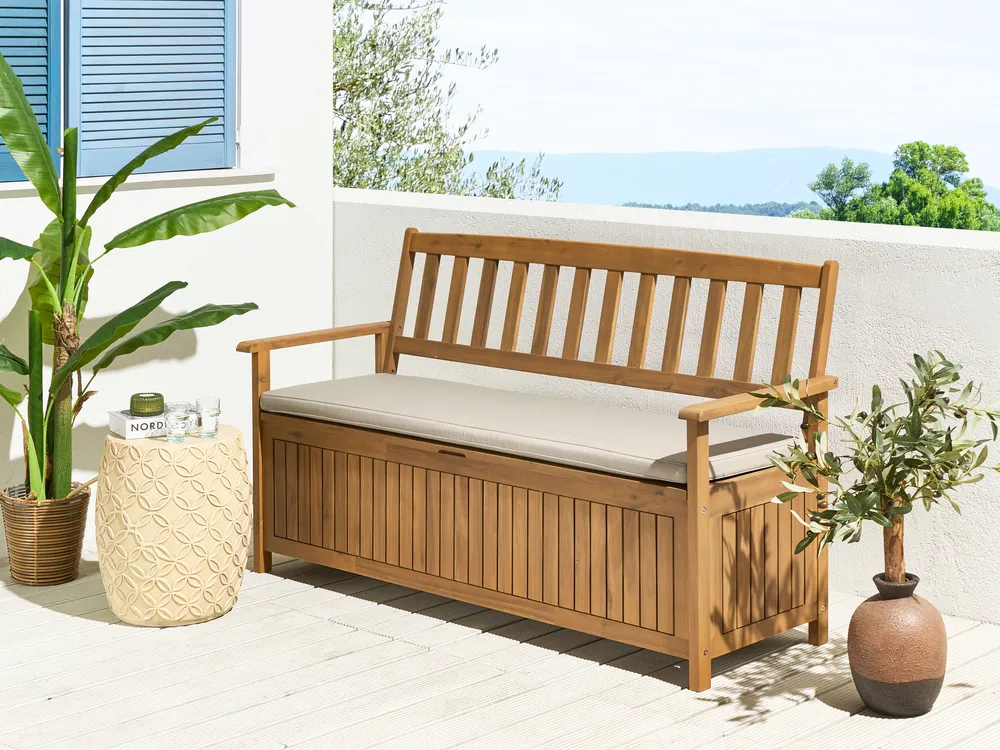 Garden Bench with Cushion SOVANA 160 cm with Storage Acacia Wood Taupe