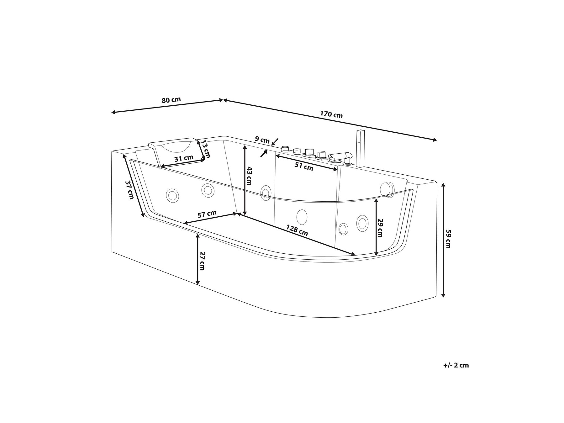 Corner Hot Tub with LED ACUARIO 1700 x 800 mm White Right Hand_755871