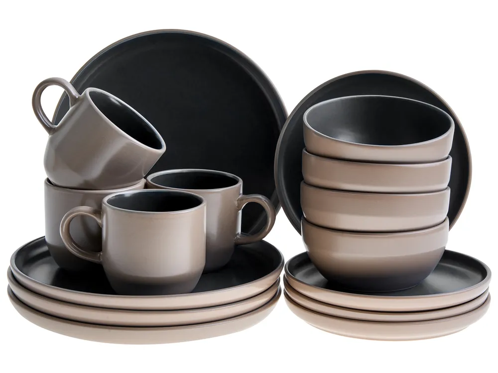 Set of 16 Dinnerware NUTMEG Stoneware Black/ Beige