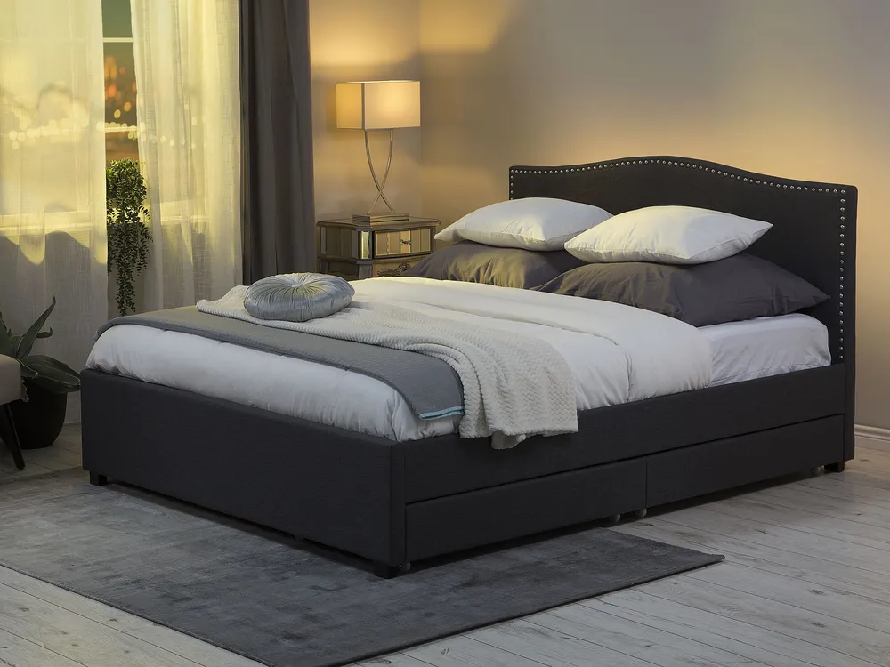 Bed with Storage Drawers MONTPELLIER Fabric Dark Grey 160 x 200 cm (EU King Size) LED