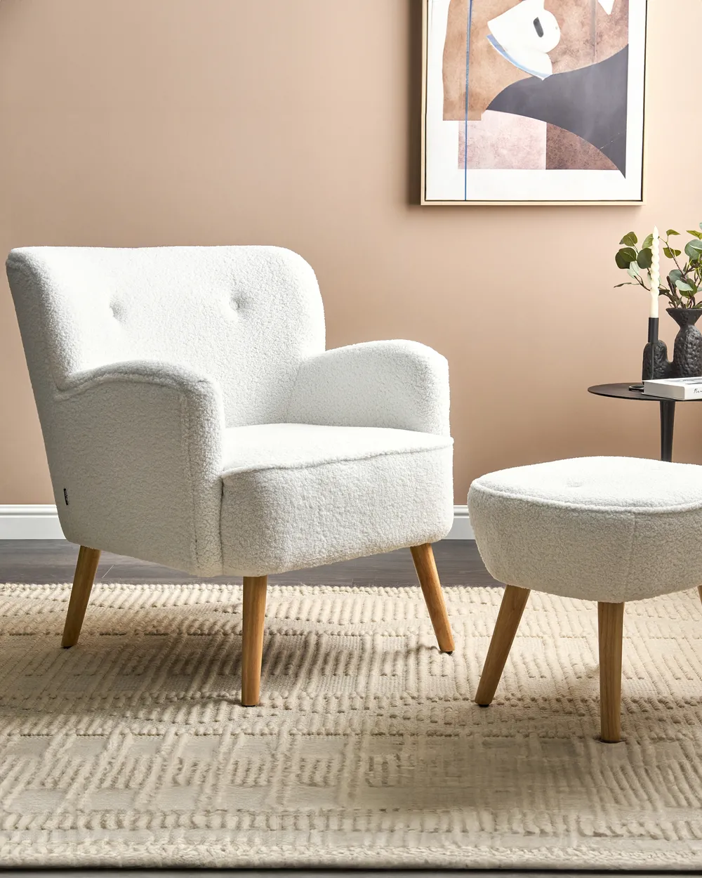 Armchair TUMBA with Footstool Boucle White